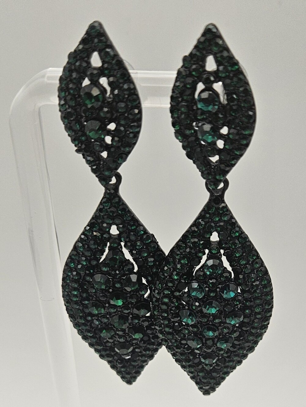 Green Rhinestone Dangle Earrings Black Metal Gothic Statement Drop Post
